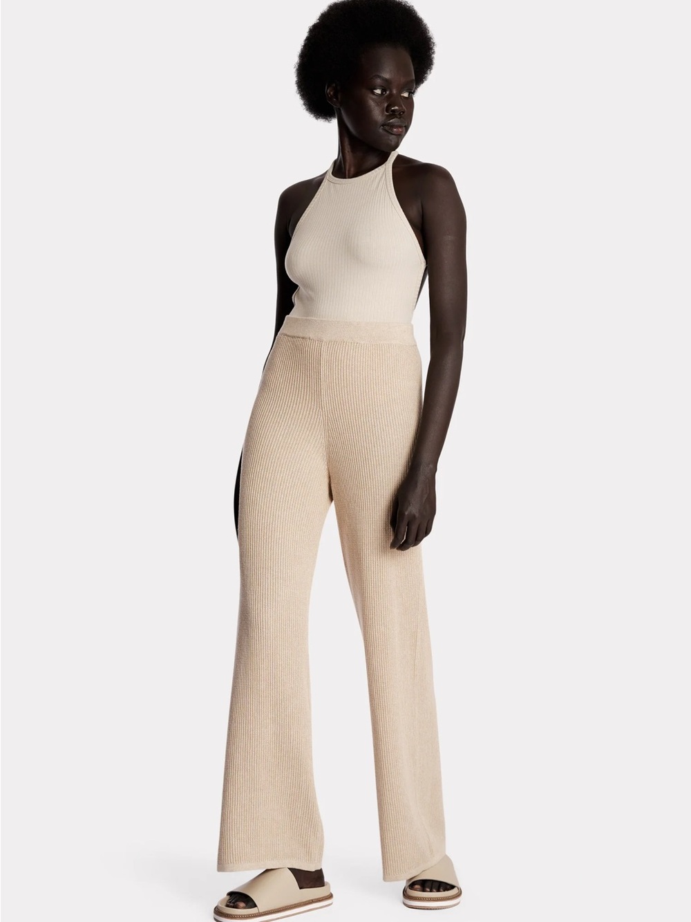 Altar'd State Ribbed Wide-Leg Knit Pants in Beige